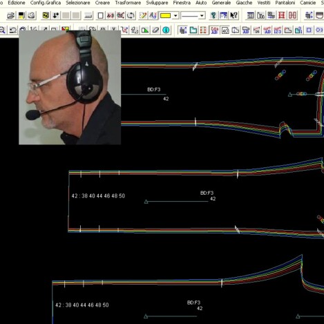 Corso Modellista Cad Schermata di software CAD per modellistica con tracciati di cartamodelli e istruttore con cuffie in videochiamata